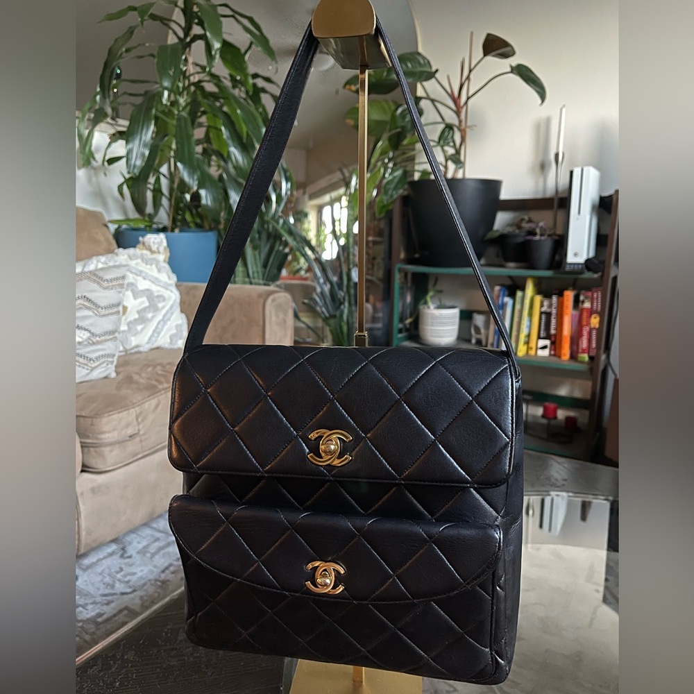 RARE 1997 Chanel Calfskin Double Turnlock Shoulder Bag